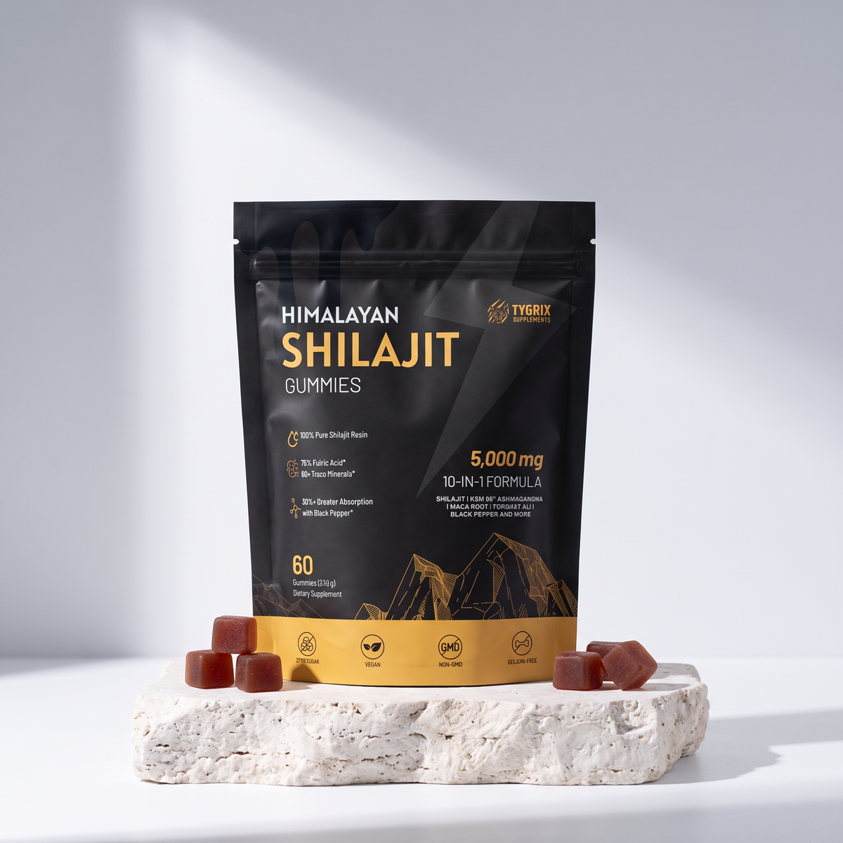 Tygrix Himalayan Shilajit Gummies on a stone pedestal