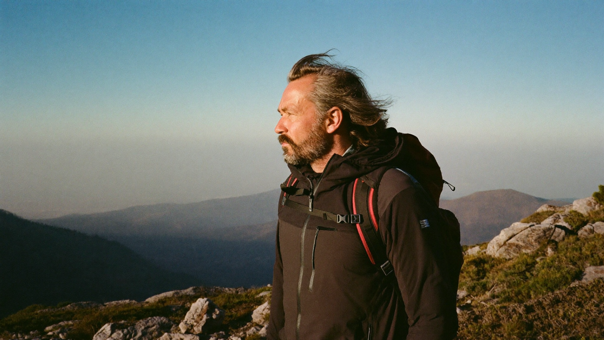 Man on a mountain ridge at sunrise