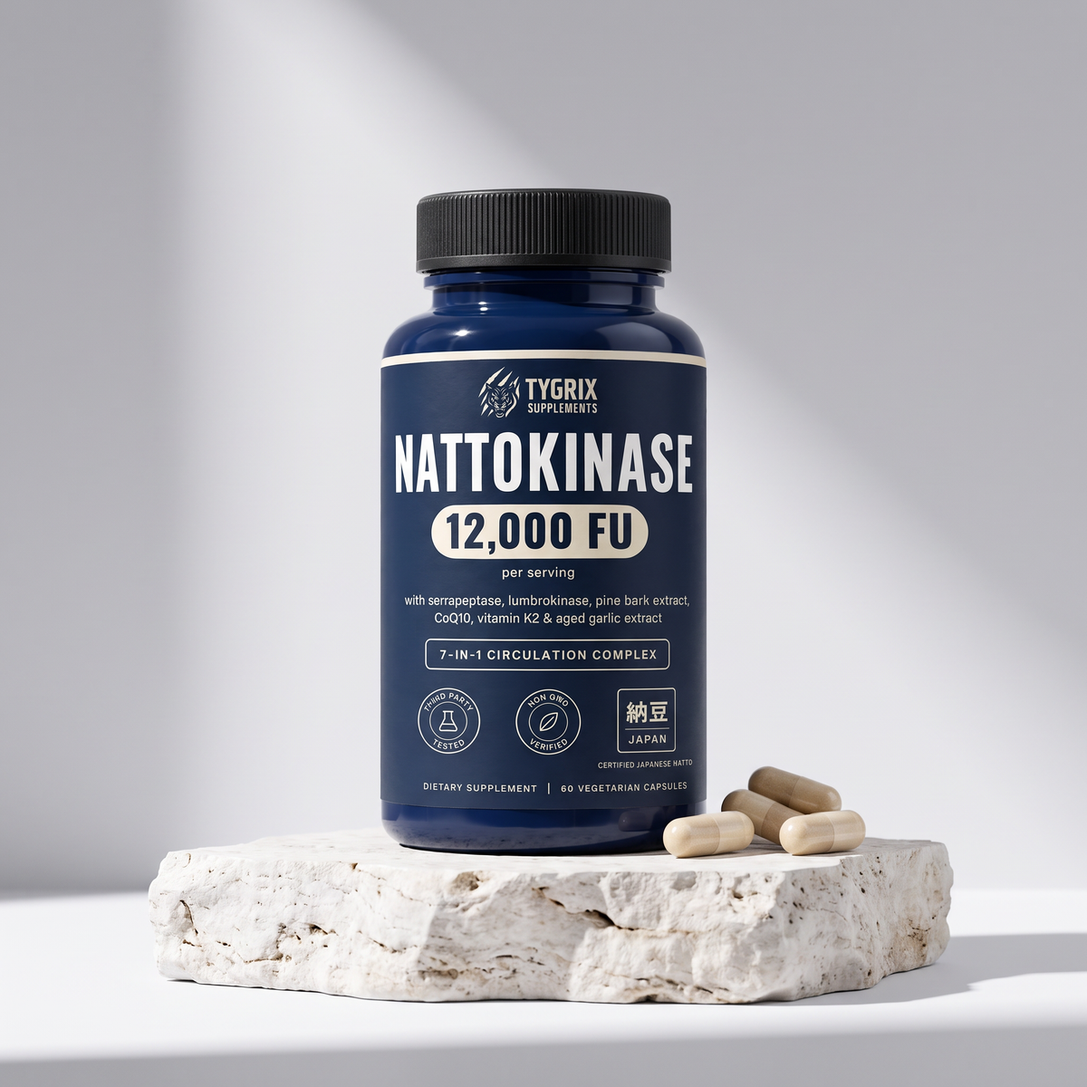 Tygrix Nattokinase 7-in-1 bottle on a stone pedestal